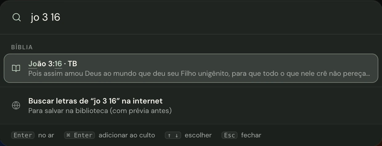 A busca com jo 3 16 digitado e João 3:16 como primeiro resultado.