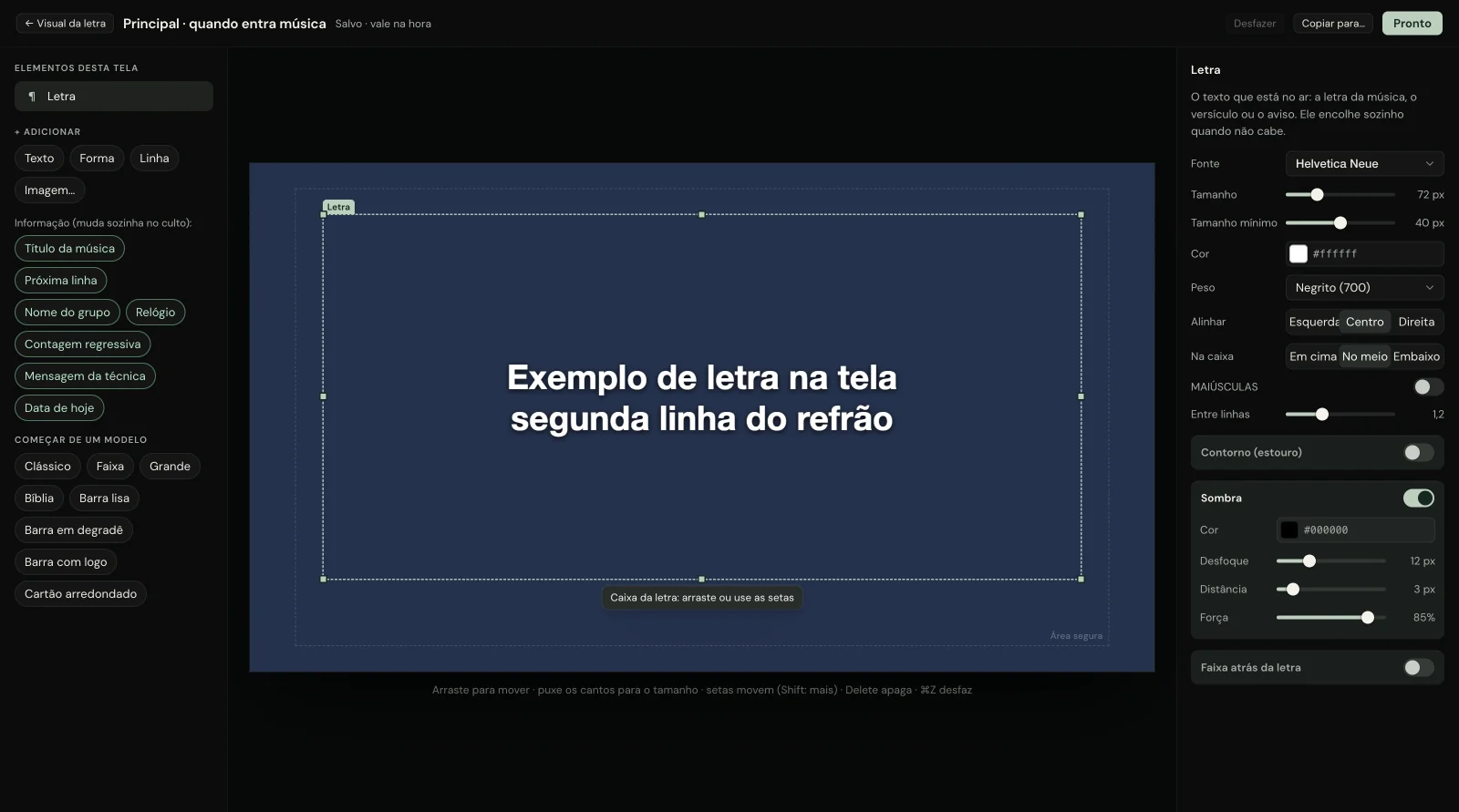 O editor do visual em tela cheia, com a letra no centro e os ajustes de fonte, sombra e contorno ao lado.